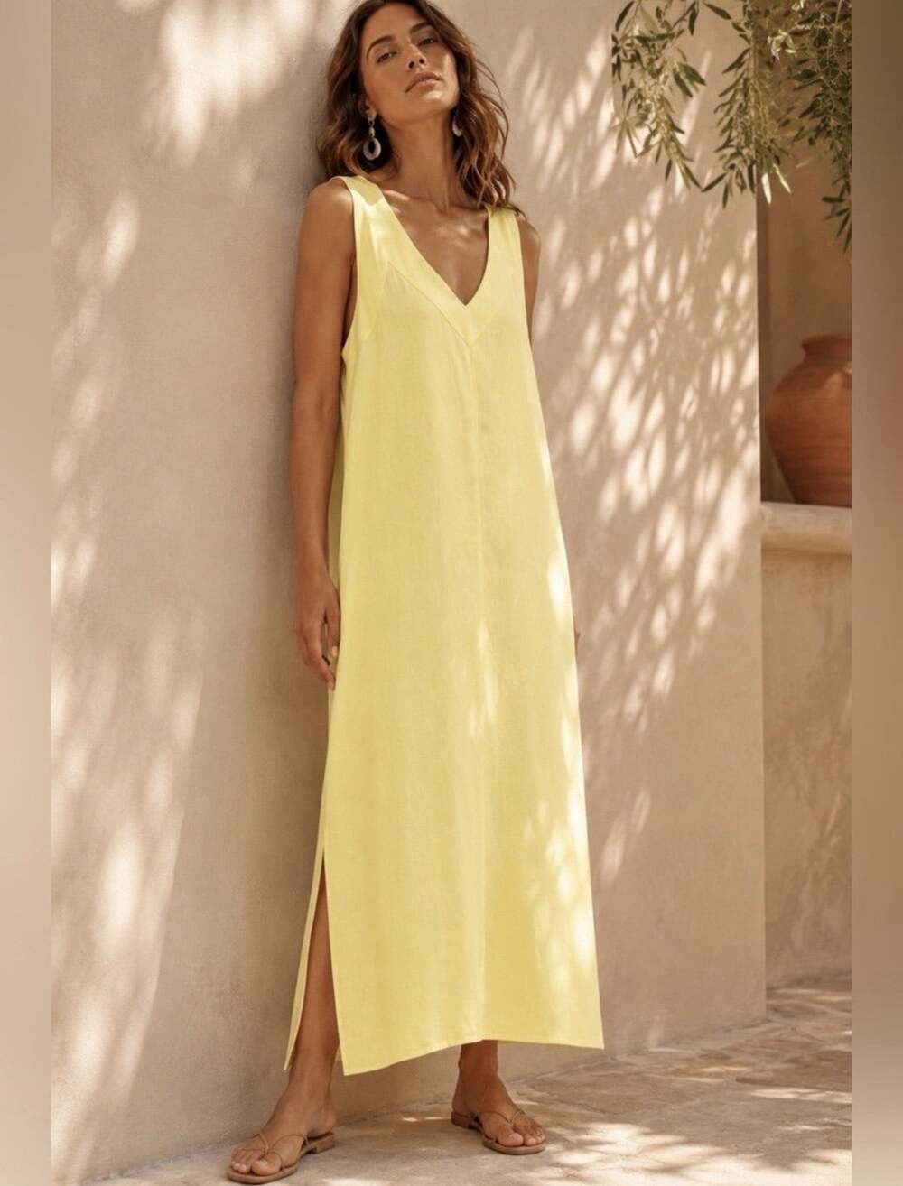 DKNY Boutique Solid V-Neck Sleeveless Maxi Dress Lightweight Side Slit Size S